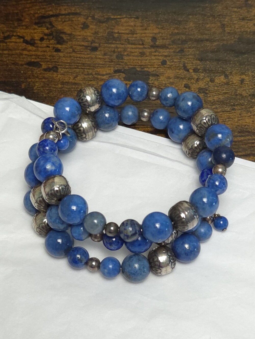 Vintage Lapis Lazuli Stone & Sterling Silver Beaded Wrap Bracelet Carlise CP 925 - Picture 12 of 13